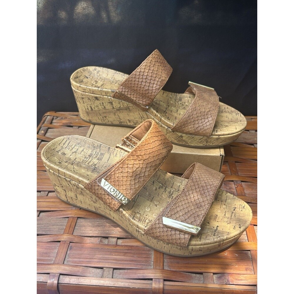 Vionic Pepper Cork-Wrapped Wedge Slip-On Sandals Orthotic Embossed Leather SZ 9